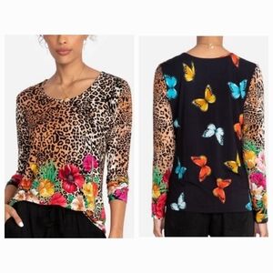Johnny Was Sandra Crew Neck Cheetah Leopard Butterfly Medium Shirt